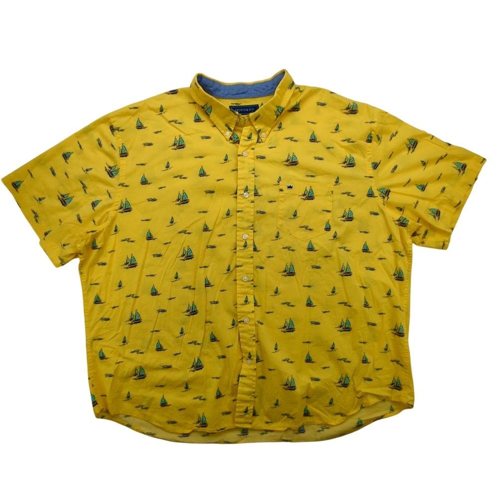 Crown & Ivy Shirt Mens 2XL Classic Fit Yellow Sailboat Print Short Sleeve Summer